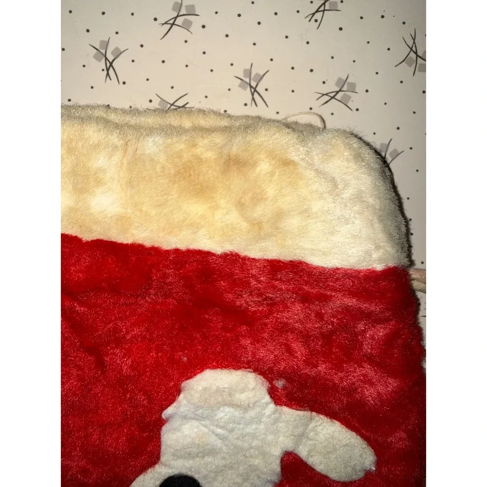 Vintage 80s Christmas Stocking Red Plush White Poodle Applique Faux Fur Cuff